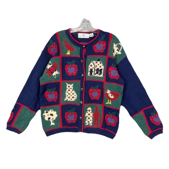 Vintage Design Options RARE Patchwork Cardigan Sweater M Granny Farm Apple Cat - Picture 1 of 14